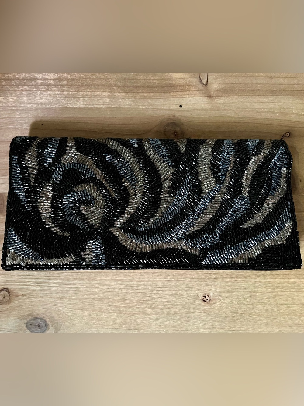 Abstract Beaded Black and Silver Evening Clutch Cool Neutrals